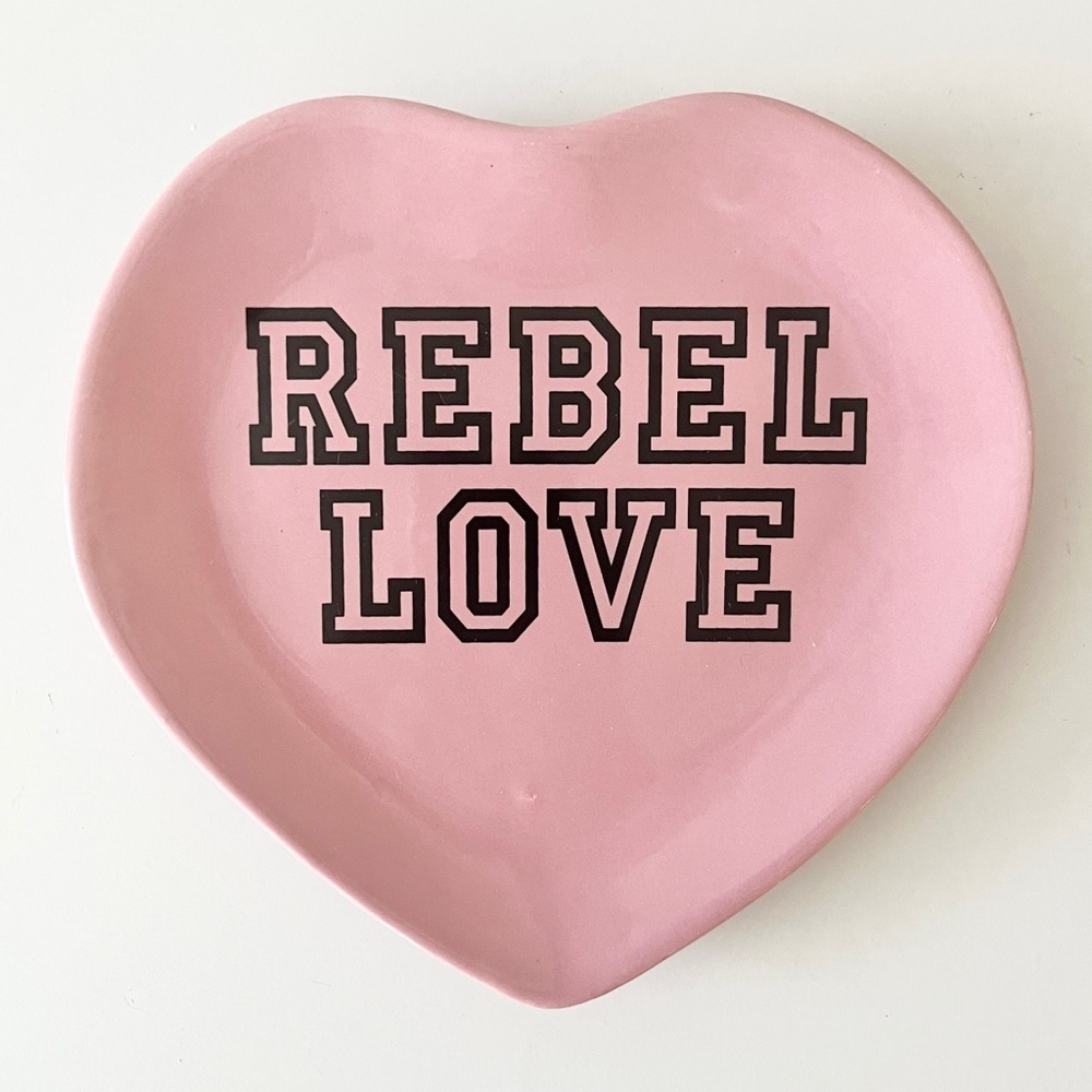 Pink Heart Ceramic Dish “Rebel Love” Print Jewelry Tray or Dessert Plate